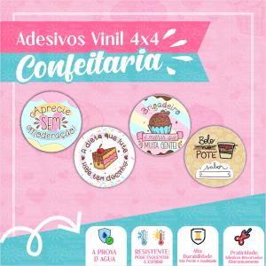 Adesivos em Vinil 4x4 Confeitaria a prova D\'Água Adesivo Vinil a Prova dágua 4X4 4x0 Brilho Redondo 