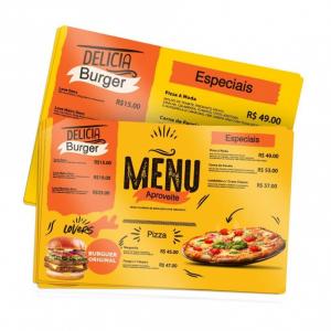 Cardápio PVC 30x40 adesivado em Vinil - Frente e Verso PVC 2mm 30x40 impressão frente e verso  Corte Reto 